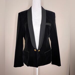 Bardot Black Velvet Tuxedo Blazer w/ Matte Lapel, Gold Buttons— 6S (Slim Fit)